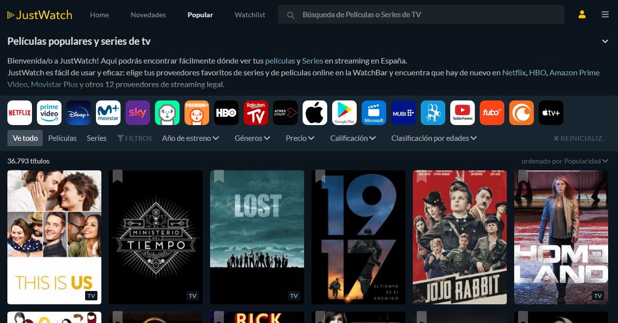 Plataformas streaming Justwatch